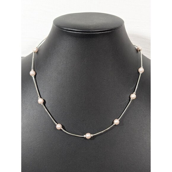 Silver Tone Faux Pearl Station Chain Necklace Elegant Bridal Classic 19" - Picture 1 of 10